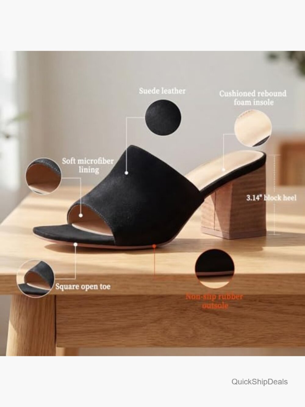 Faux Suede Heeled Sandals, Slip On Block Wedge, Open Toe Summer - Picture 6 of 7